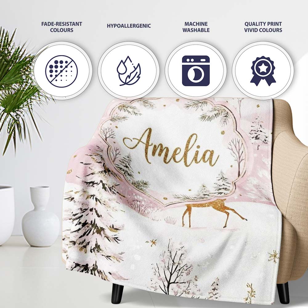 Winter Wonderland Deer Snowy Forest Pink Seamless Pattern Lovely  Personalised Custom Name Super Soft Fleece Blanket Bed Sofa Throw