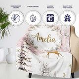 Winter Wonderland Deer Snowy Forest Pink Seamless Pattern Lovely  Personalised Custom Name Super Soft Fleece Blanket Bed Sofa Throw