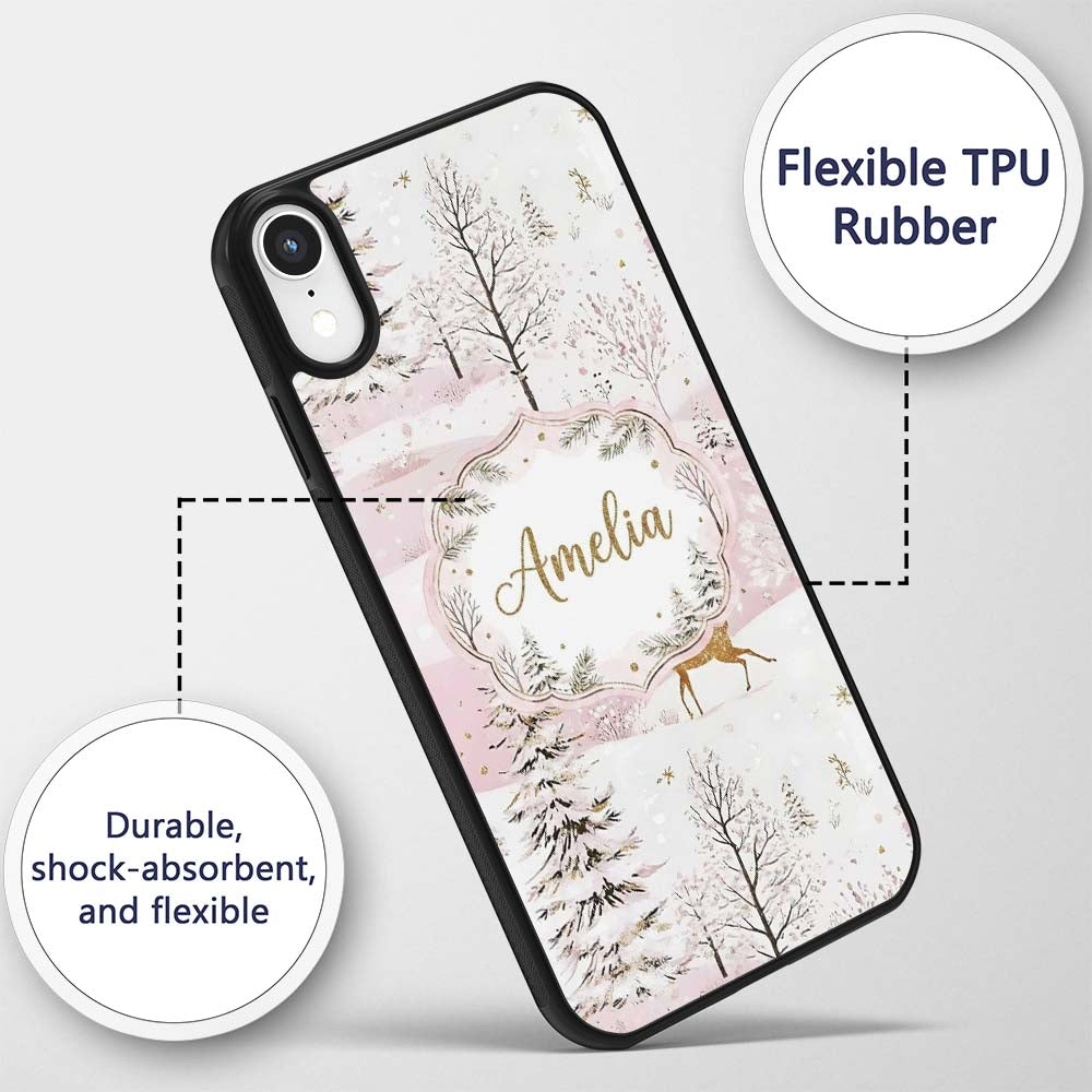 Winter Wonderland Deer Snowy Forest Pink Seamless Custom Name Protective Phone Case Mobile Cover Durable Everyday Smartphone Shock Resistant