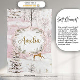 Winter Wonderland Deer Snowy Forest Pink Seamless Pattern Lovely  Personalised Custom Name Super Soft Fleece Blanket Bed Sofa Throw