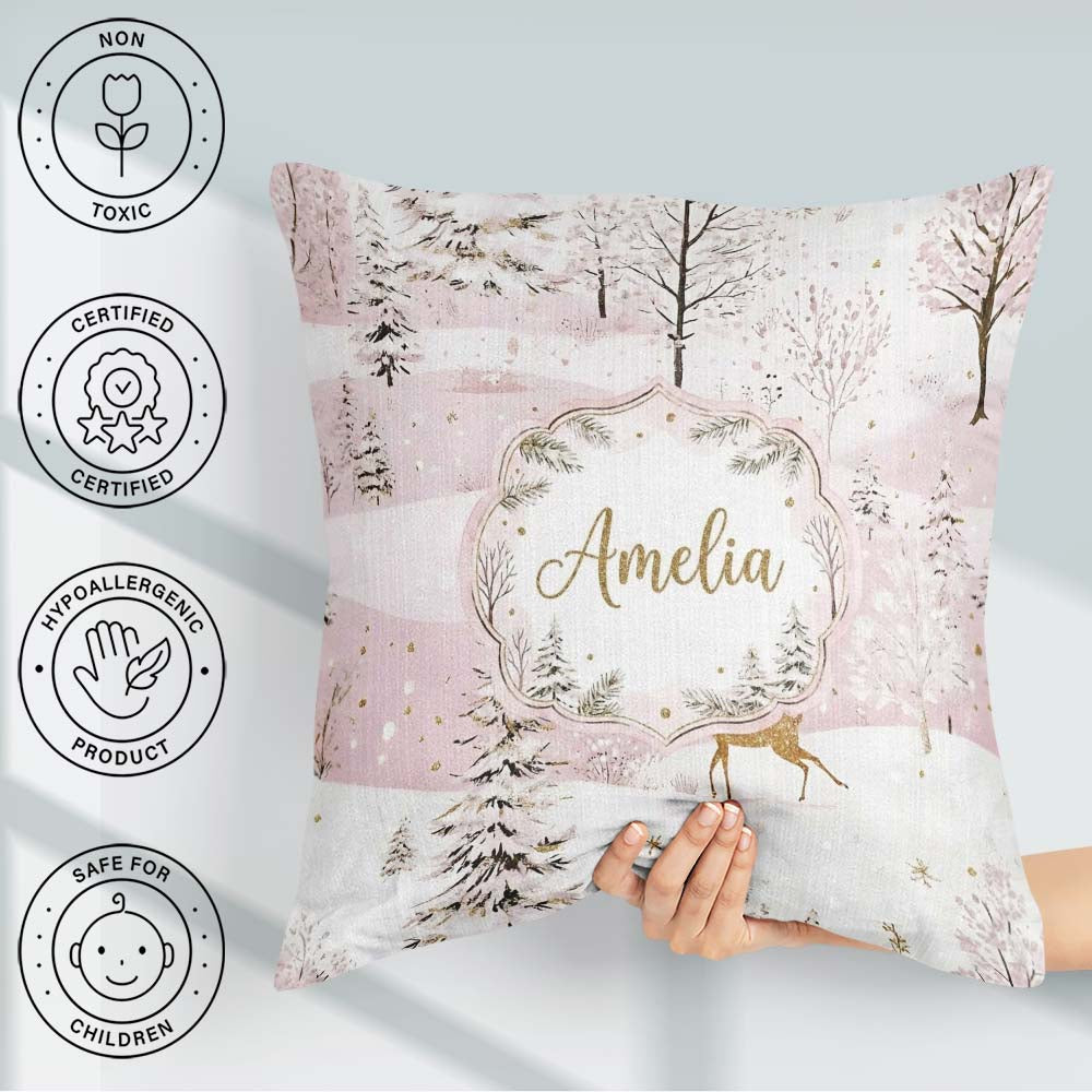 Custom Name Winter Wonderland Deer Snowy Forest Seamless Pattern Square Filled Cushion Throw Pillow Sofa Bed Home Decor Zip Washable UK Made