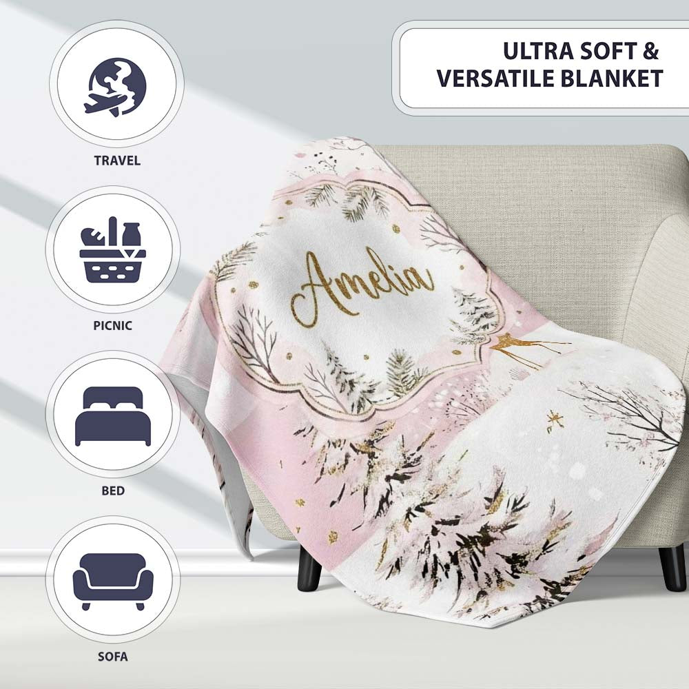 Winter Wonderland Deer Snowy Forest Pink Seamless Pattern Lovely  Personalised Custom Name Super Soft Fleece Blanket Bed Sofa Throw