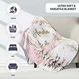 Winter Wonderland Deer Snowy Forest Pink Seamless Pattern Lovely  Personalised Custom Name Super Soft Fleece Blanket Bed Sofa Throw