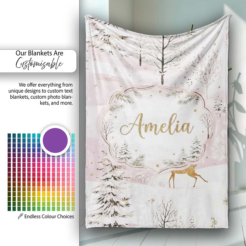 Winter Wonderland Deer Snowy Forest Pink Seamless Pattern Lovely  Personalised Custom Name Super Soft Fleece Blanket Bed Sofa Throw