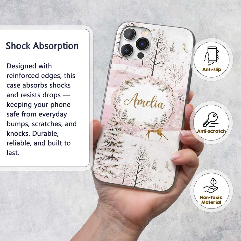 Winter Wonderland Deer Snowy Forest Pink Seamless Custom Name Protective Phone Case Mobile Cover Durable Everyday Smartphone Shock Resistant