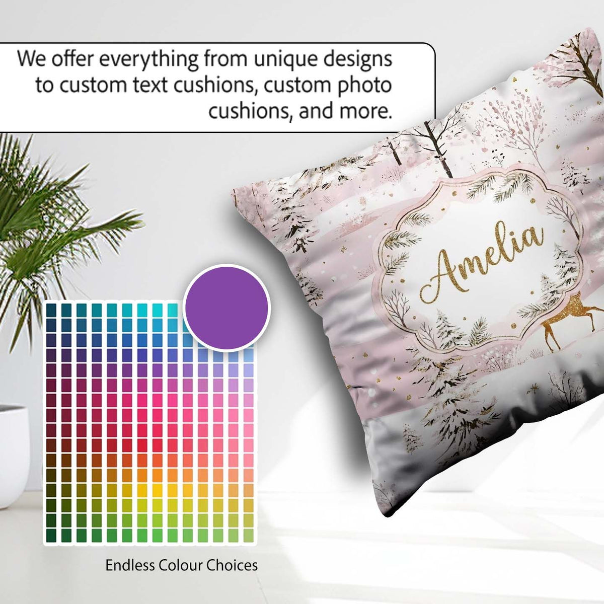 Custom Name Winter Wonderland Deer Snowy Forest Seamless Pattern Square Filled Cushion Throw Pillow Sofa Bed Home Decor Zip Washable UK Made