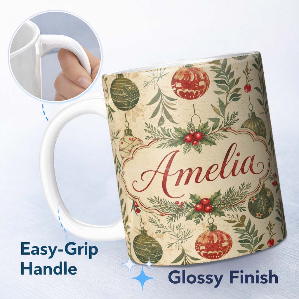 Personalized Custom Name Elegant Christmas Bauble Botanical Berry Festive Seamless Pattern 11oz Ceramic Coffee Tea Mug White Large Handle