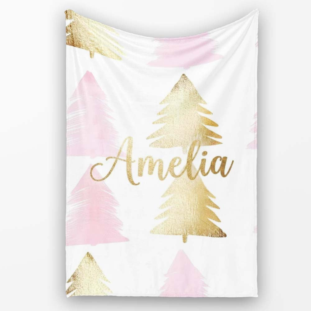 Minimal Pink and Gold Christmas Tree Modern Seamless Pattern Lovely  Personalised Custom Name Super Soft Fleece Blanket Bed Sofa Throw