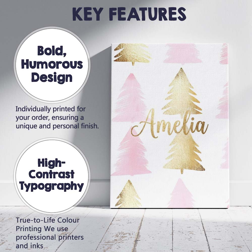 Personalised Name Minimal Pink and Gold Custom  Modern Room Accent Elegant Feature Canvas Wall Art Print Decor Picture Ready to Hang