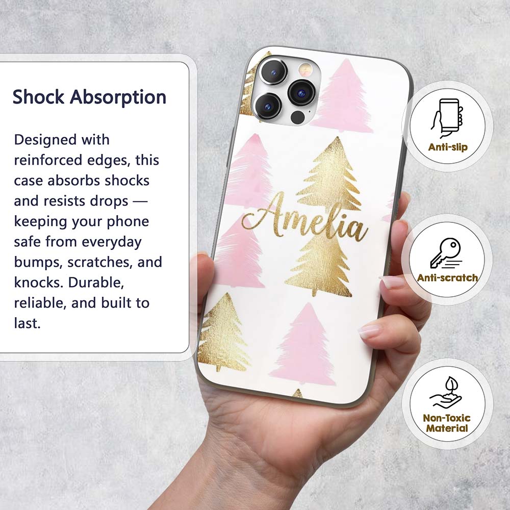 Minimal Pink and Gold Christmas Printed Design Custom Name Protective Phone Case Mobile Cover Durable Everyday Smartphone Shock Resistant