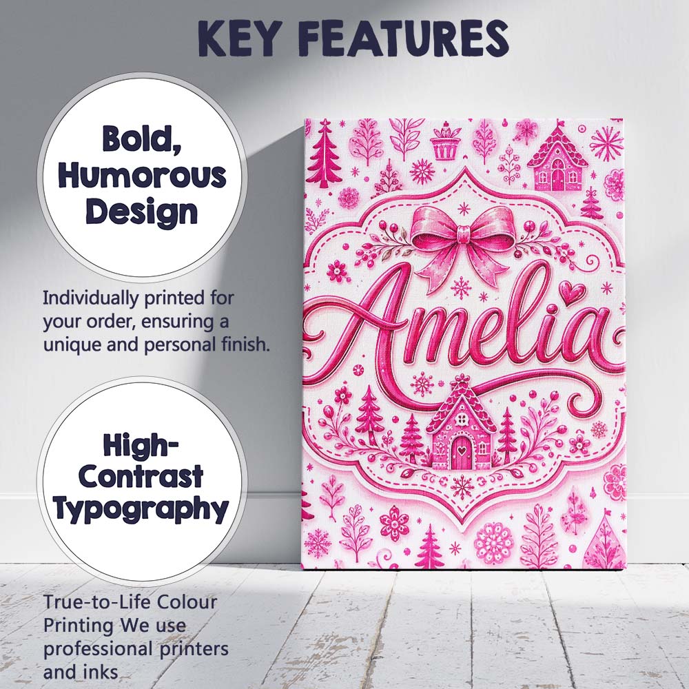 Personalised Name Cute Pink Christmas Icon Custom  Unique Gift Idea Elegant Feature Canvas Wall Art Print Decor Picture Ready to Hang