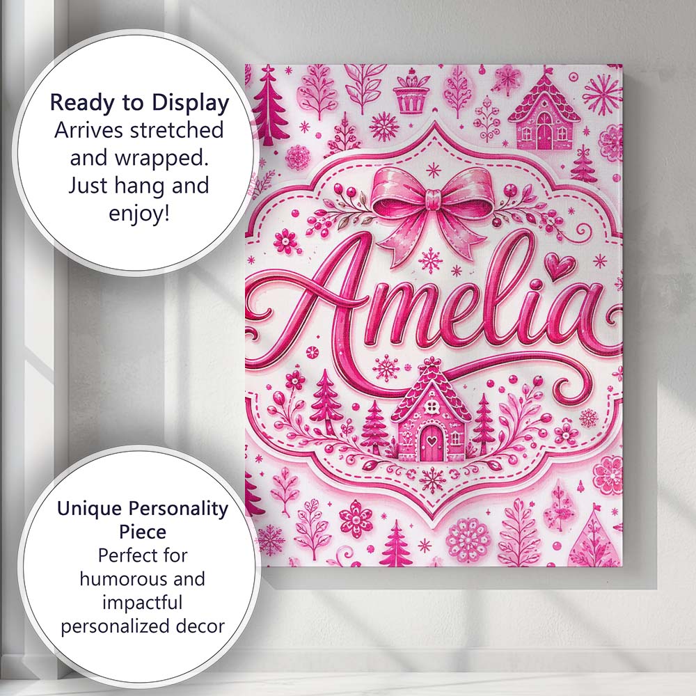 Personalised Name Cute Pink Christmas Icon Custom  Unique Gift Idea Elegant Feature Canvas Wall Art Print Decor Picture Ready to Hang