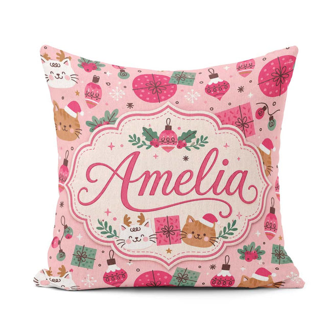 Custom Name Cats Gifts and Baubles Pink Festive Seamless Pattern Square Filled Cushion Throw Pillow Sofa Bed Home Decor Zip Washable UK Made