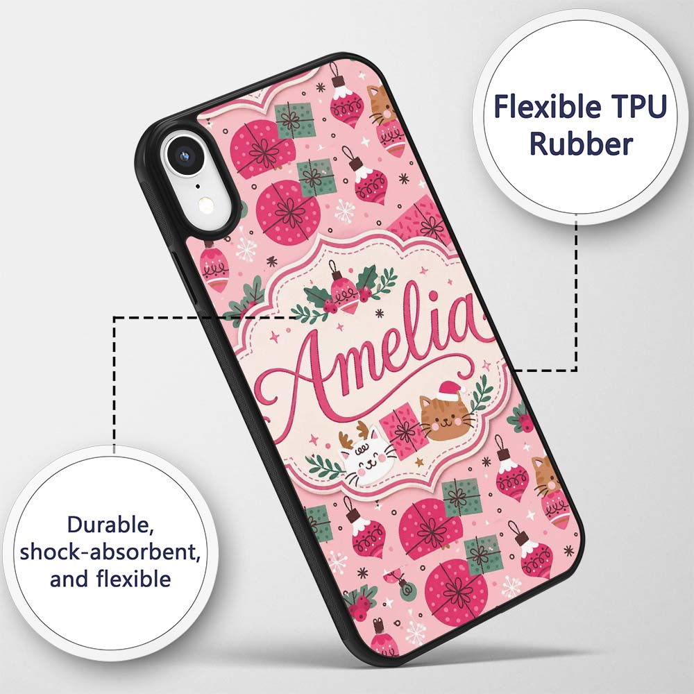 Cute Christmas Cats Gifts and Printed Design Custom Name Protective Phone Case Mobile Cover Durable Everyday Smartphone Shock Resistant
