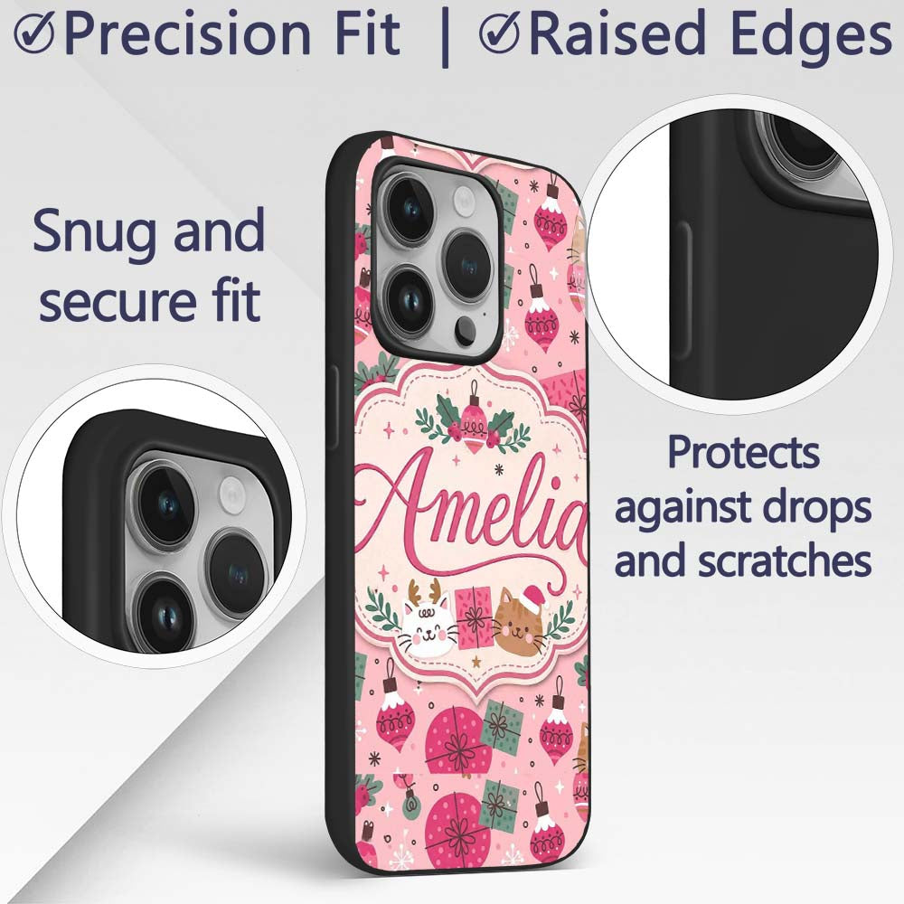 Cute Christmas Cats Gifts and Printed Design Custom Name Protective Phone Case Mobile Cover Durable Everyday Smartphone Shock Resistant