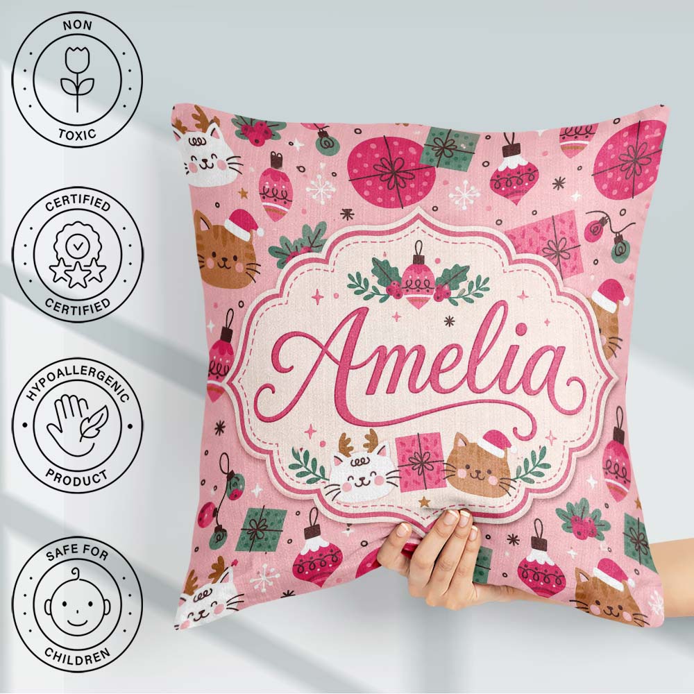 Custom Name Cats Gifts and Baubles Pink Festive Seamless Pattern Square Filled Cushion Throw Pillow Sofa Bed Home Decor Zip Washable UK Made