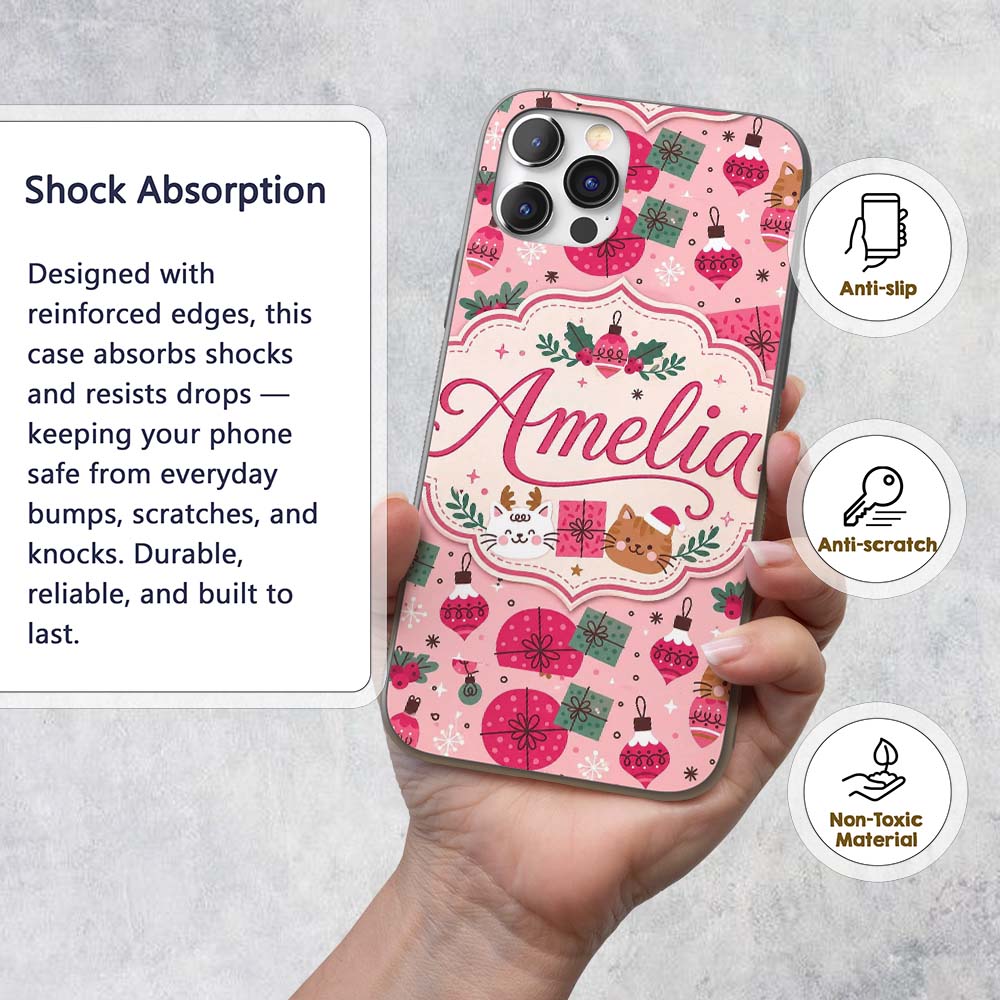 Cute Christmas Cats Gifts and Printed Design Custom Name Protective Phone Case Mobile Cover Durable Everyday Smartphone Shock Resistant