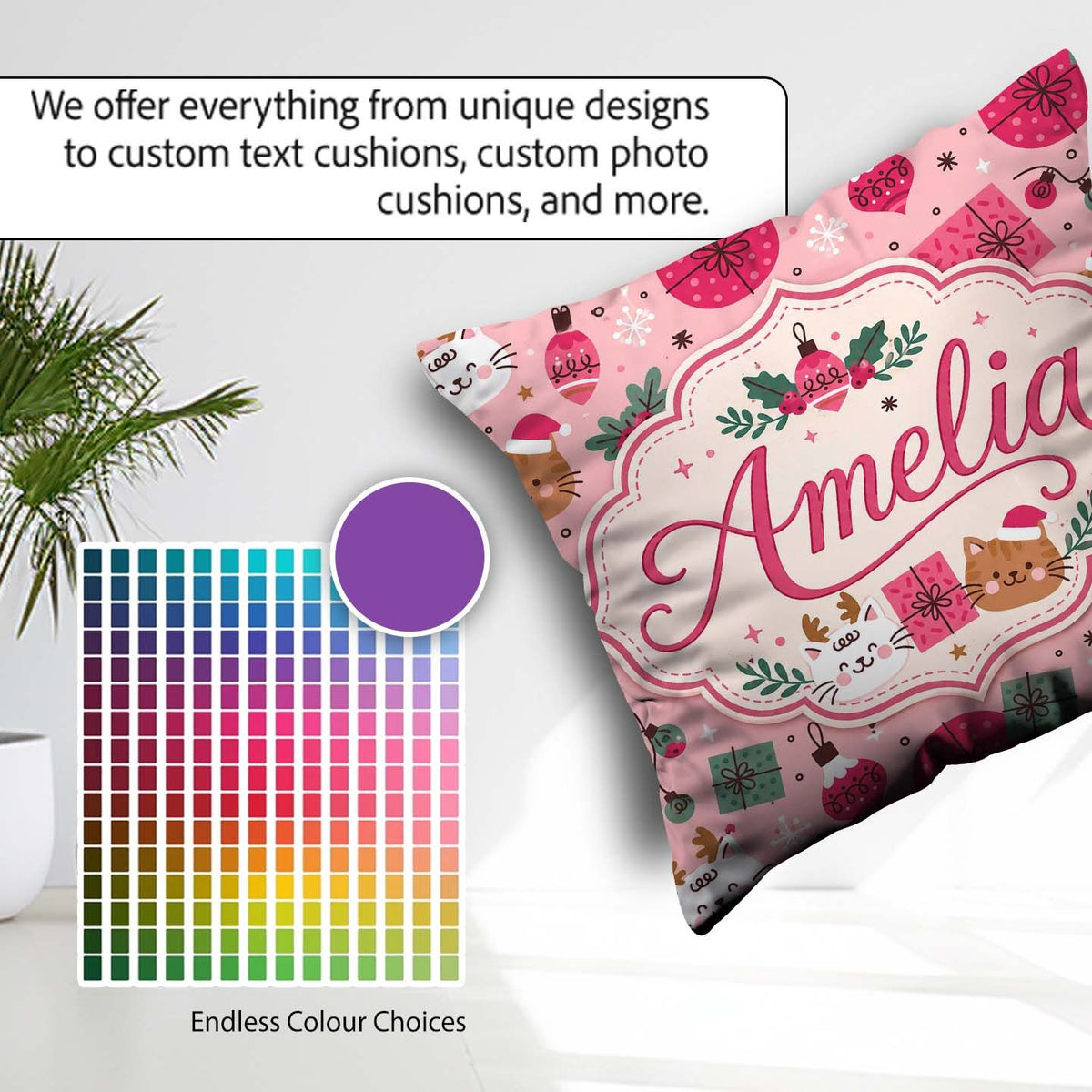 Custom Name Cats Gifts and Baubles Pink Festive Seamless Pattern Square Filled Cushion Throw Pillow Sofa Bed Home Decor Zip Washable UK Made
