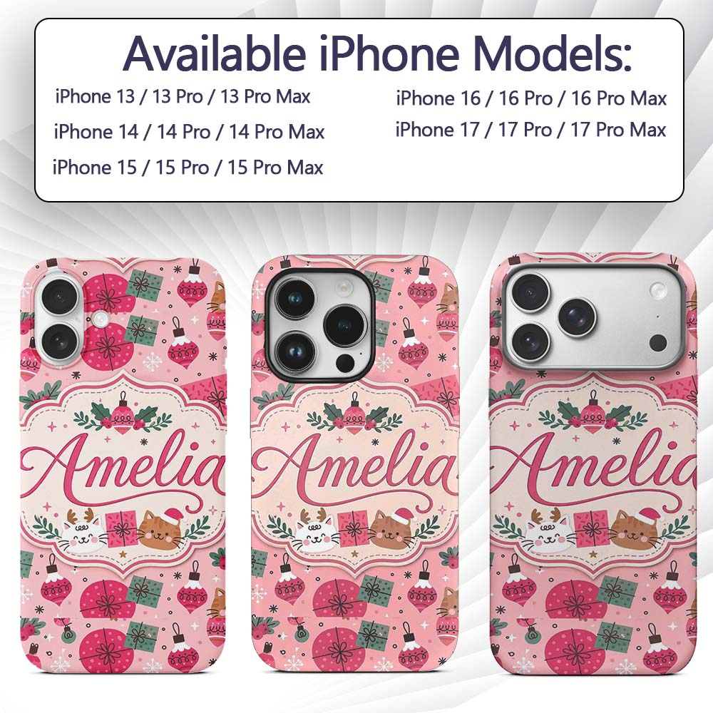 Cute Christmas Cats Gifts and Printed Design Custom Name Protective Phone Case Mobile Cover Durable Everyday Smartphone Shock Resistant