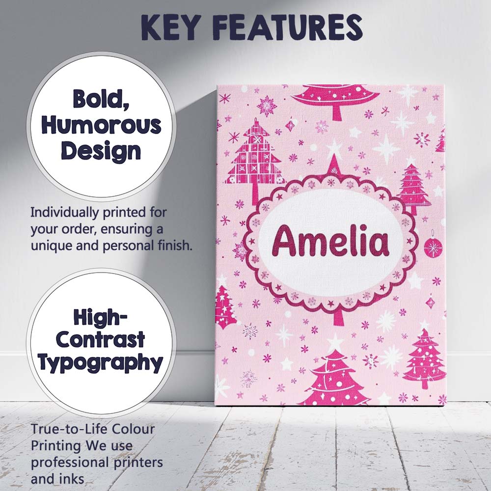 Personalised Name Pink Christmas Tree Custom Modern Room Accent Creative Decorator Style Canvas Wall Art Print Decor Picture Ready to Hang