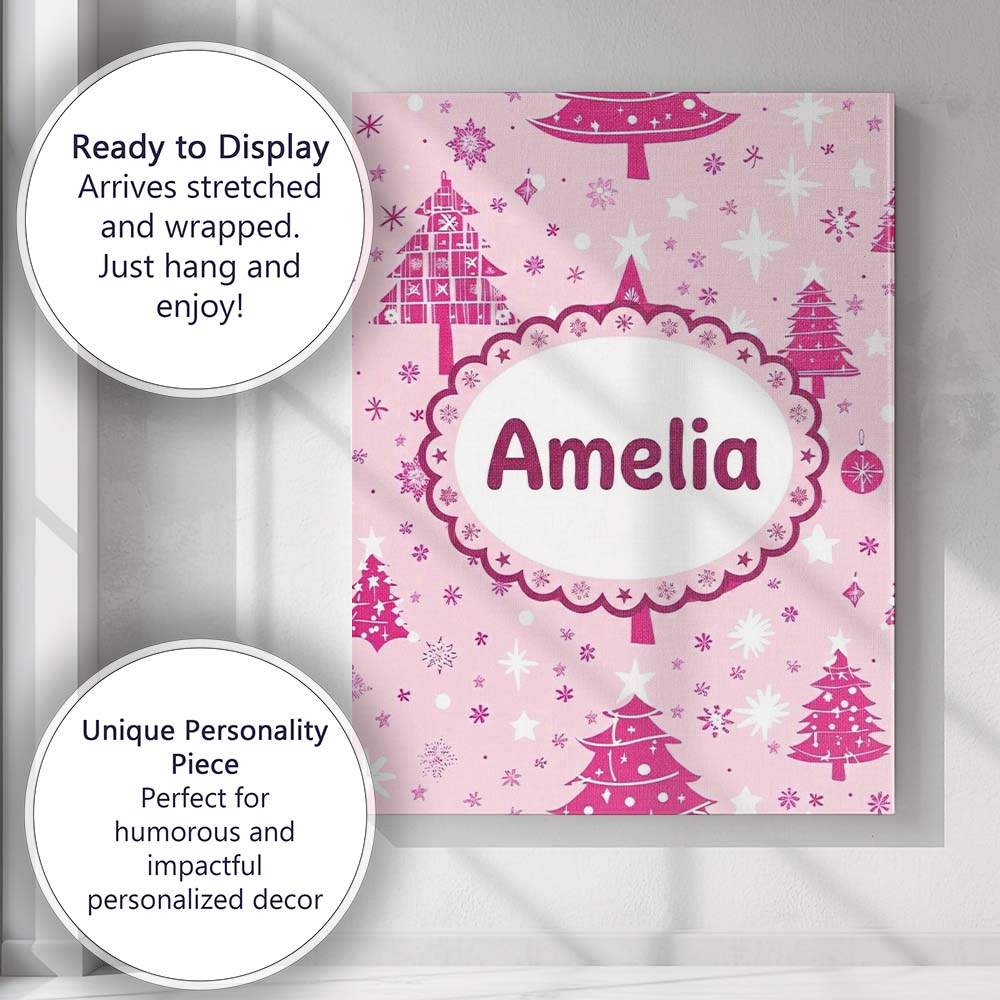 Personalised Name Pink Christmas Tree Custom Modern Room Accent Creative Decorator Style Canvas Wall Art Print Decor Picture Ready to Hang