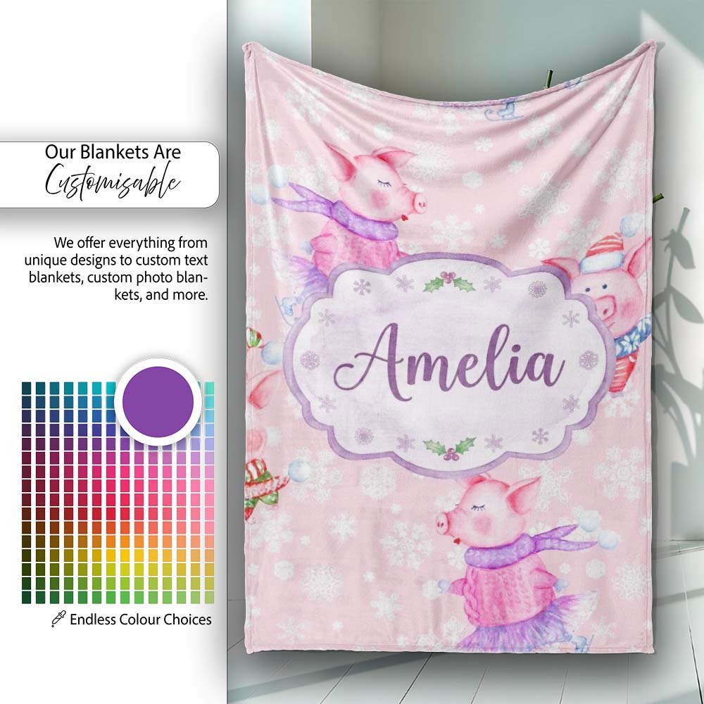 Cute Winter Pig Ice Skating Snowflake Seamless Pattern Lovely  Personalised Custom Name Super Soft Fleece Blanket Bed Sofa Throw