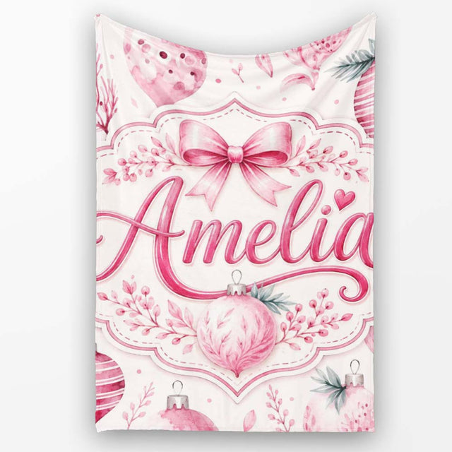 Elegant Pink Watercolor Christmas Baubles Seamless Pattern Lovely  Personalised Custom Name Super Soft Fleece Blanket Bed Sofa Throw