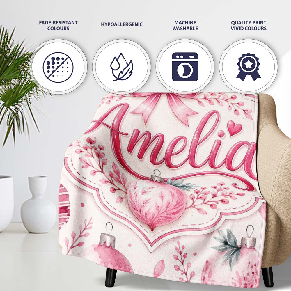 Elegant Pink Watercolor Christmas Baubles Seamless Pattern Lovely  Personalised Custom Name Super Soft Fleece Blanket Bed Sofa Throw