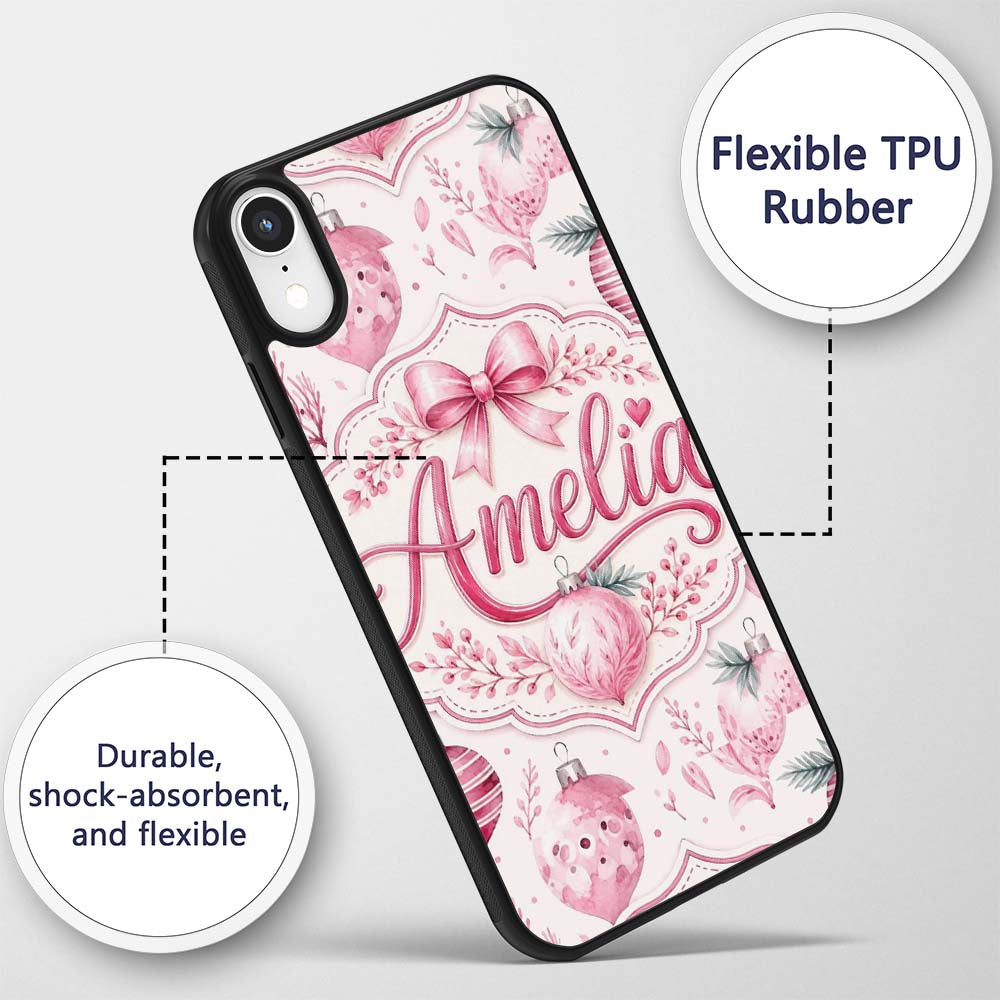 Elegant Pink Watercolor Christmas Printed Design Custom Name Protective Phone Case Mobile Cover Durable Everyday Smartphone Shock Resistant