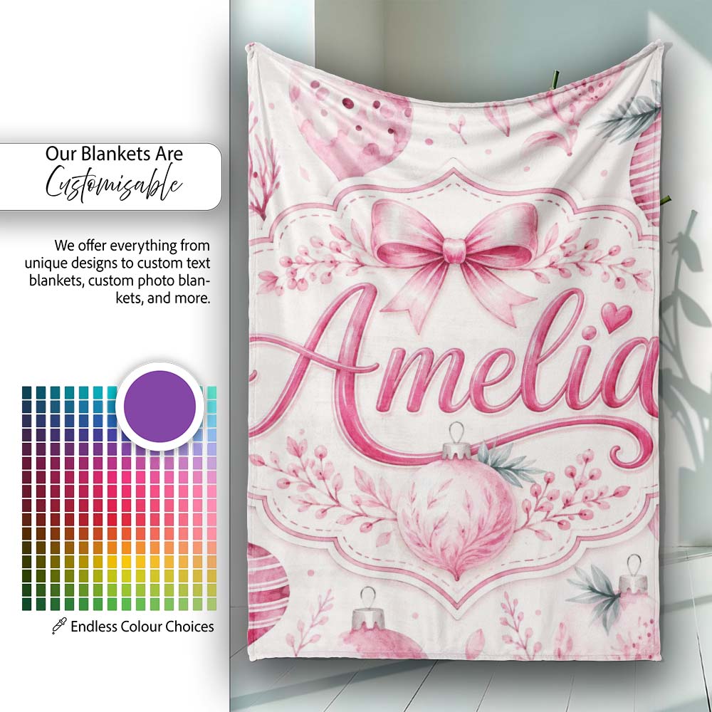 Elegant Pink Watercolor Christmas Baubles Seamless Pattern Lovely  Personalised Custom Name Super Soft Fleece Blanket Bed Sofa Throw
