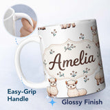 Personalized Custom Name Cute Alpaca Llama Farm Animals Floral Seamless Pattern Light Grey 11oz Ceramic Coffee Tea Mug White Large Handle