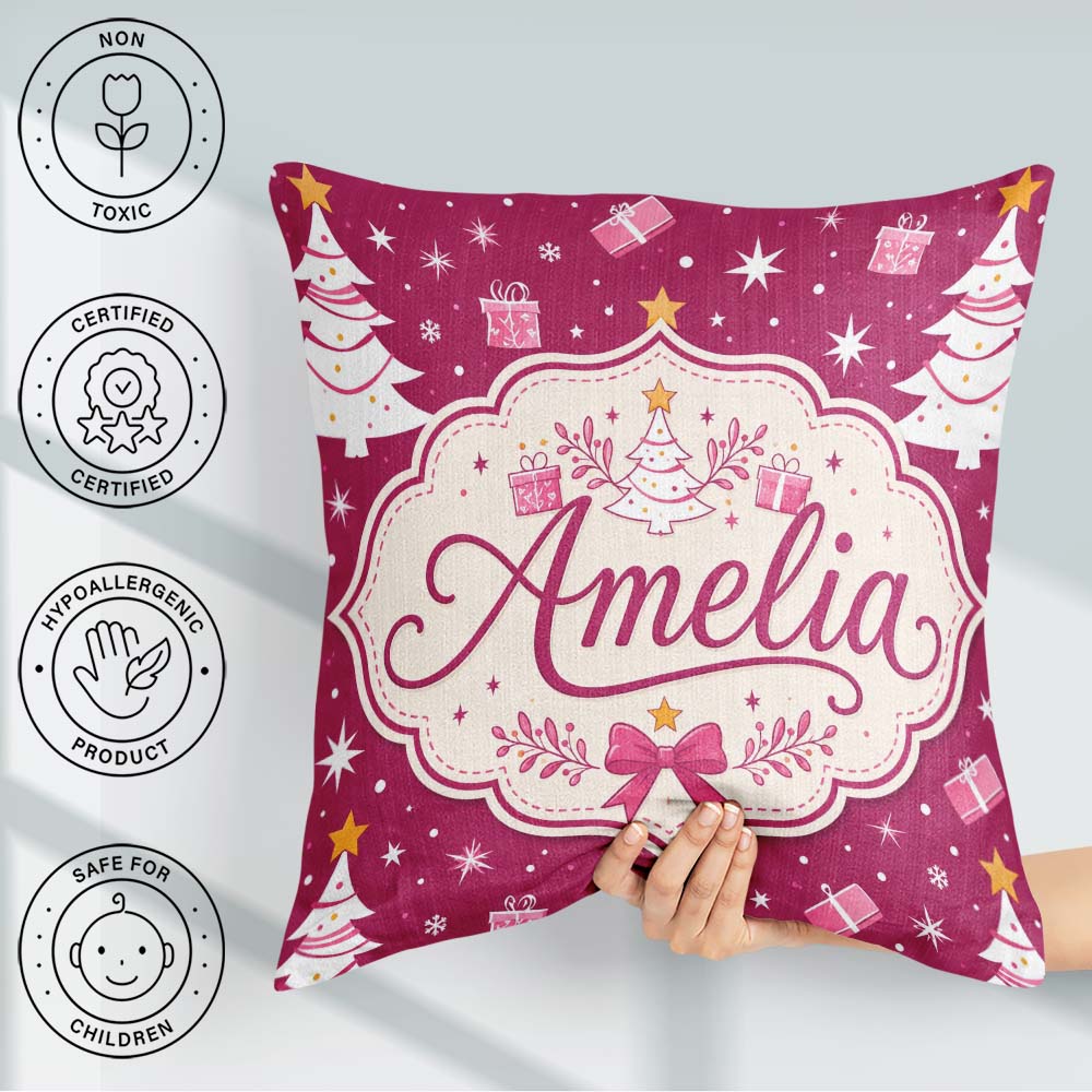 Custom Name White Christmas Tree Stars Pink Background Seamless Square Filled Cushion Throw Pillow Sofa Bed Home Decor Zip Washable UK Made