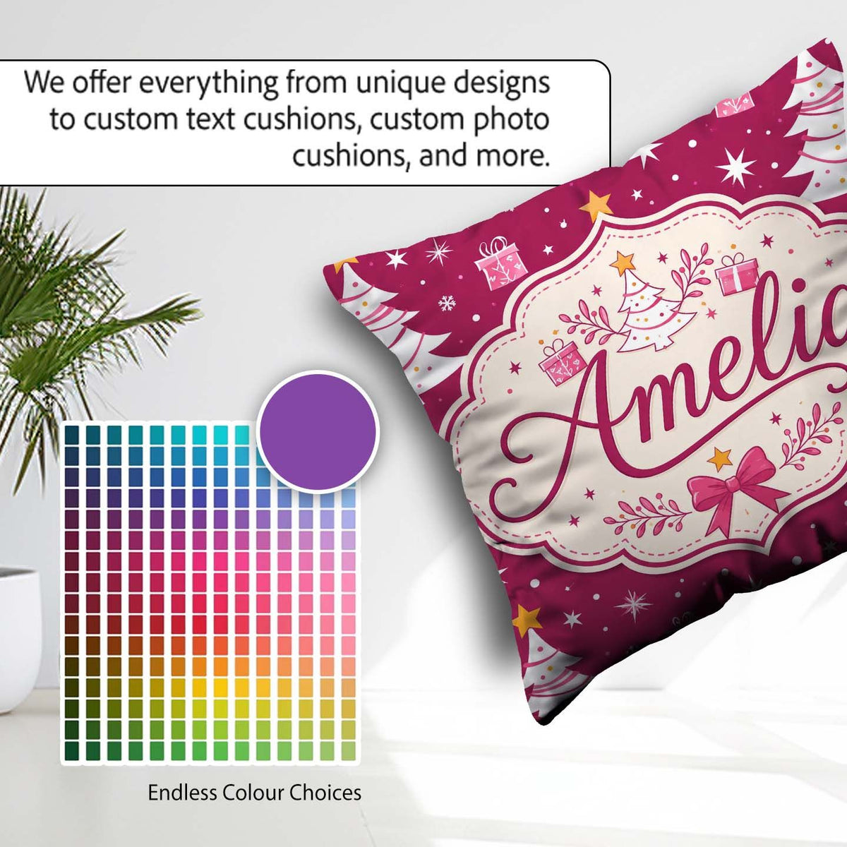 Custom Name White Christmas Tree Stars Pink Background Seamless Square Filled Cushion Throw Pillow Sofa Bed Home Decor Zip Washable UK Made