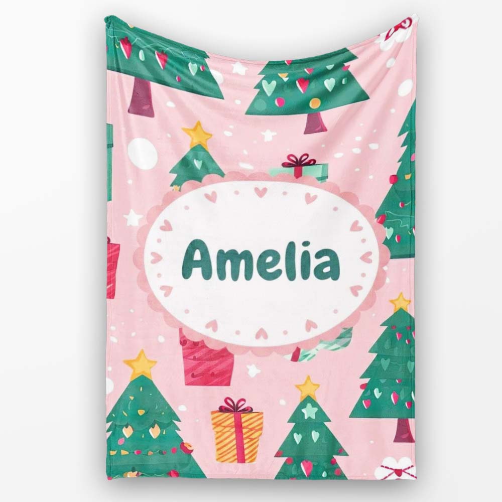 Festive Green Christmas Tree Gifts Cute Holiday Seamless Pattern  Personalised Custom Name Super Soft Fleece Blanket Bed Sofa Throw