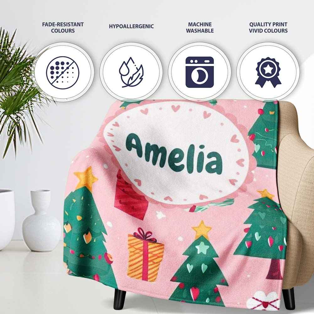 Festive Green Christmas Tree Gifts Cute Holiday Seamless Pattern  Personalised Custom Name Super Soft Fleece Blanket Bed Sofa Throw