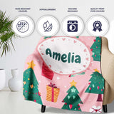 Festive Green Christmas Tree Gifts Cute Holiday Seamless Pattern  Personalised Custom Name Super Soft Fleece Blanket Bed Sofa Throw