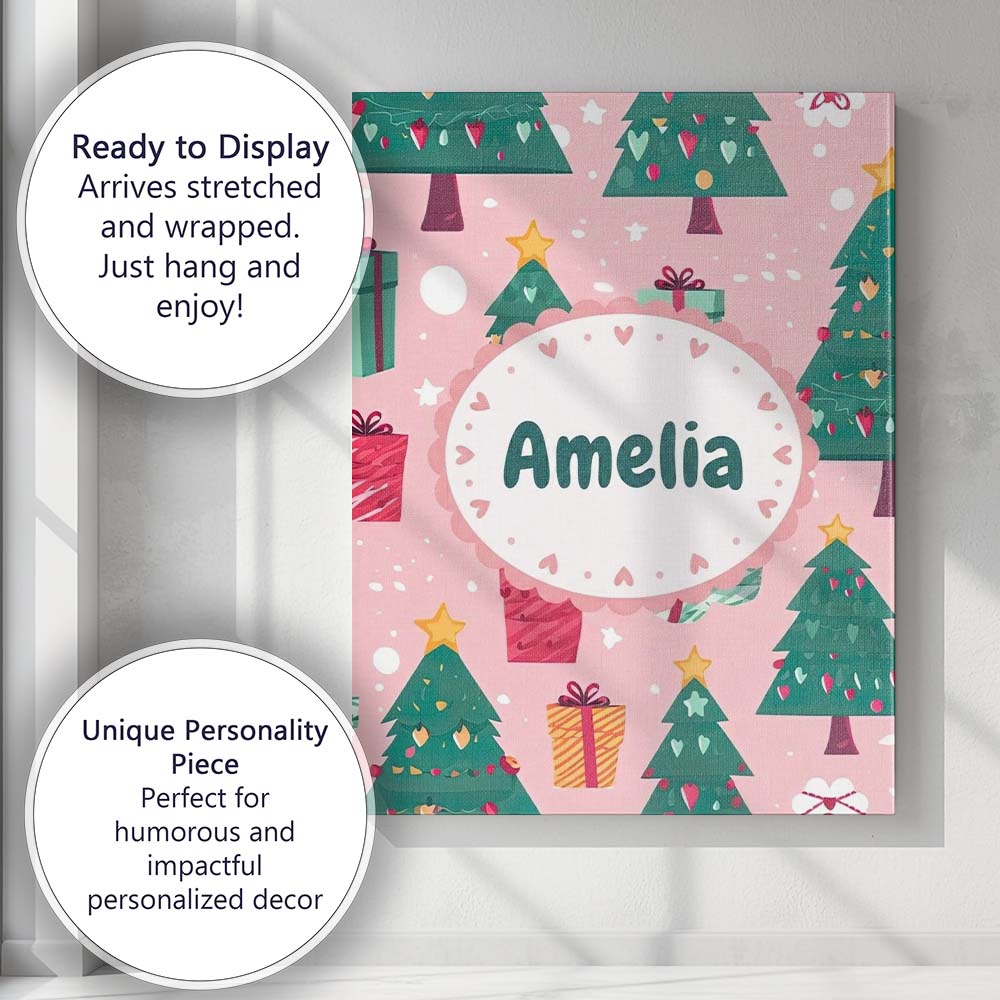 Personalised Name Festive Green Christmas Custom  Unique Gift Idea Elegant Feature Canvas Wall Art Print Decor Picture Ready to Hang