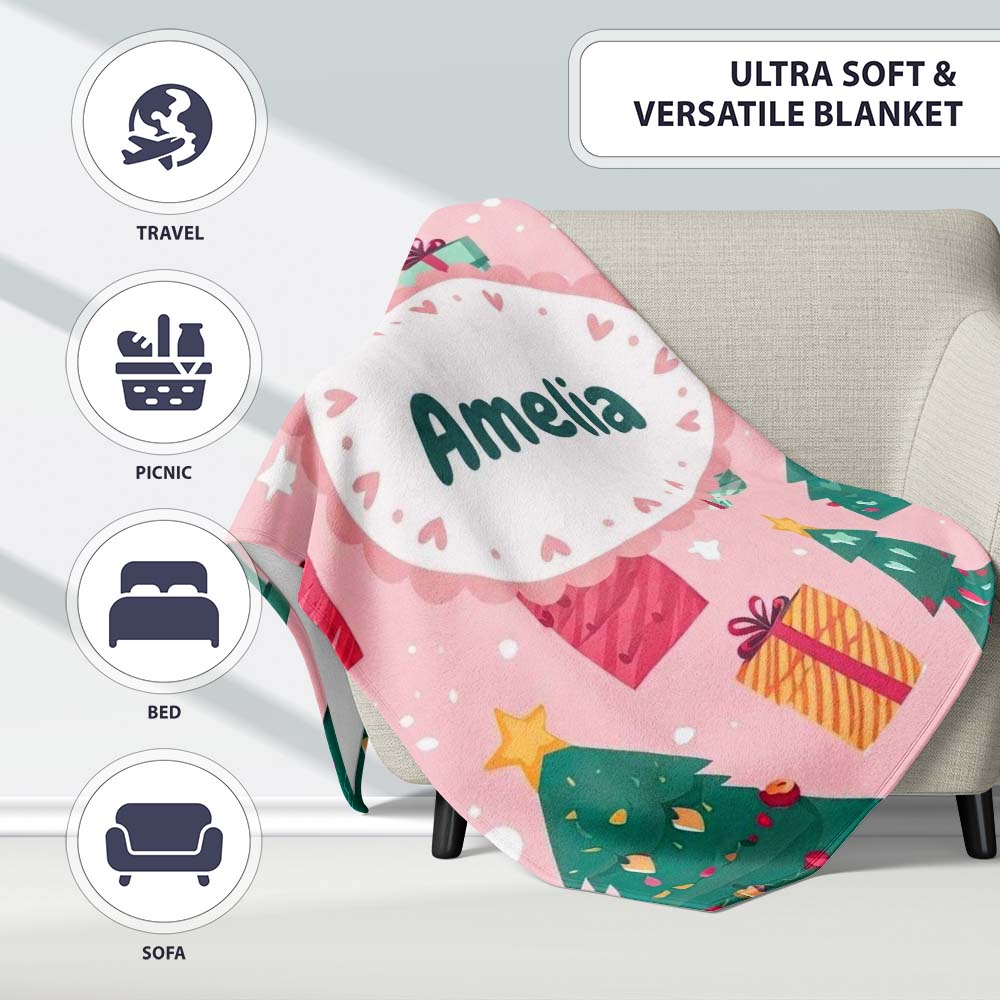 Festive Green Christmas Tree Gifts Cute Holiday Seamless Pattern  Personalised Custom Name Super Soft Fleece Blanket Bed Sofa Throw