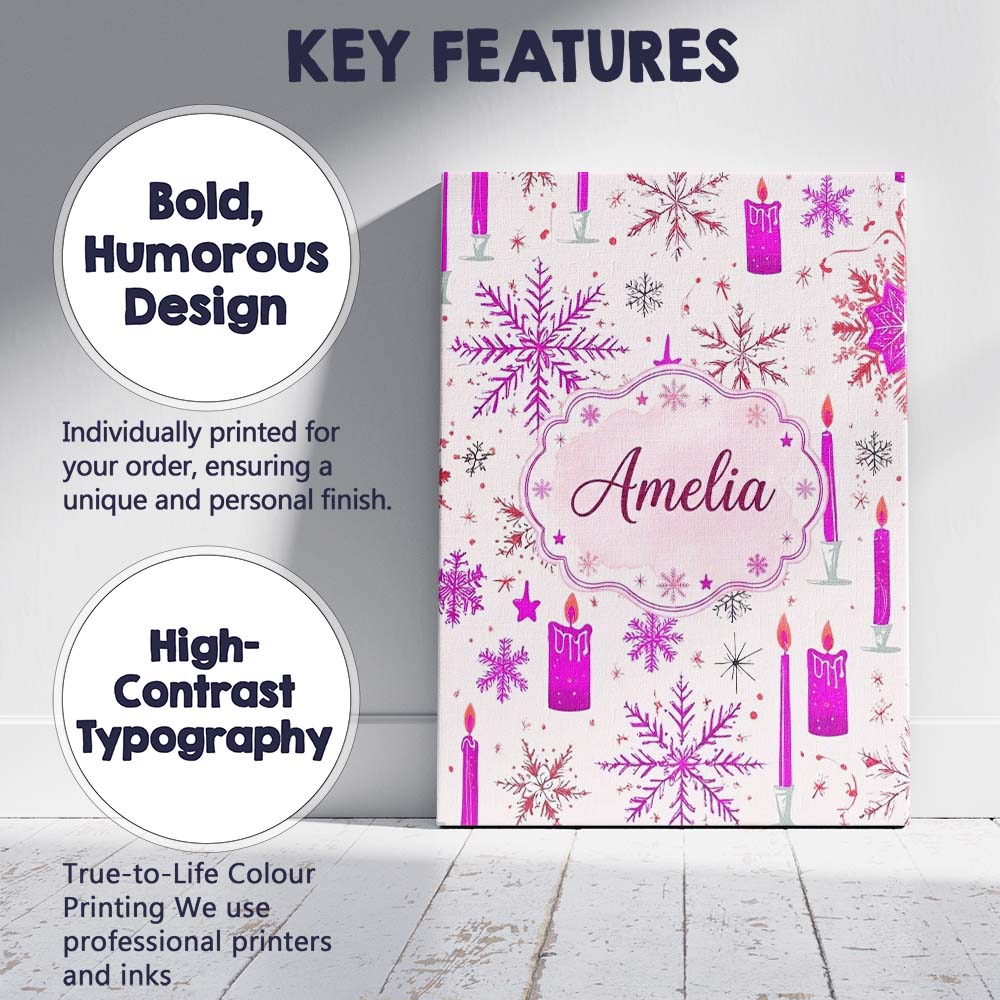 Personalised Name Pink Snowflake Candle Custom  Modern Room Accent Elegant Feature Canvas Wall Art Print Decor Picture Ready to Hang