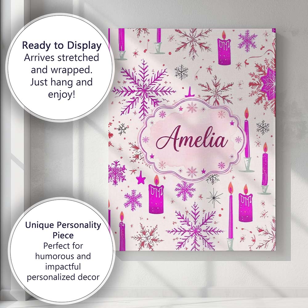 Personalised Name Pink Snowflake Candle Custom  Modern Room Accent Elegant Feature Canvas Wall Art Print Decor Picture Ready to Hang