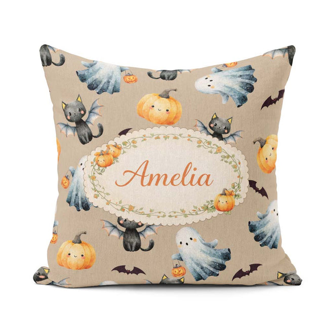Custom Name Ghost Pumpkin Cat Seamless Pattern Taupe Cute Spooky Square Filled Cushion Throw Pillow Sofa Bed Home Decor Zip Washable UK Made
