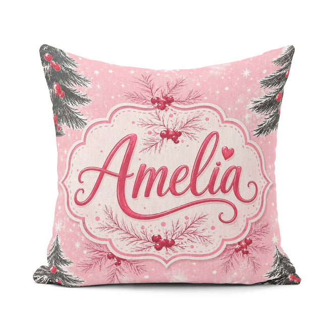 Custom Name Winter Pine Branch Berry Snowy Pink Seamless Pattern Square Filled Cushion Throw Pillow Sofa Bed Home Decor Zip Washable UK Made