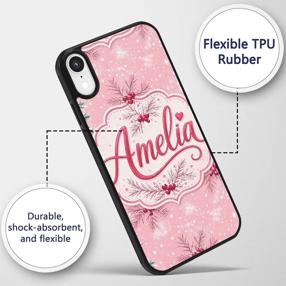 Winter Pine Branch Red Berry Snowy Pink Seamless Custom Name Protective Phone Case Mobile Cover Durable Everyday Smartphone Shock Resistant