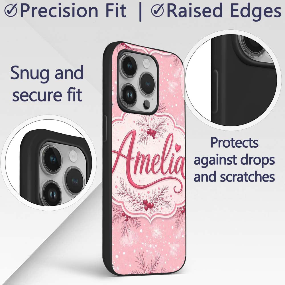 Winter Pine Branch Red Berry Snowy Pink Seamless Custom Name Protective Phone Case Mobile Cover Durable Everyday Smartphone Shock Resistant