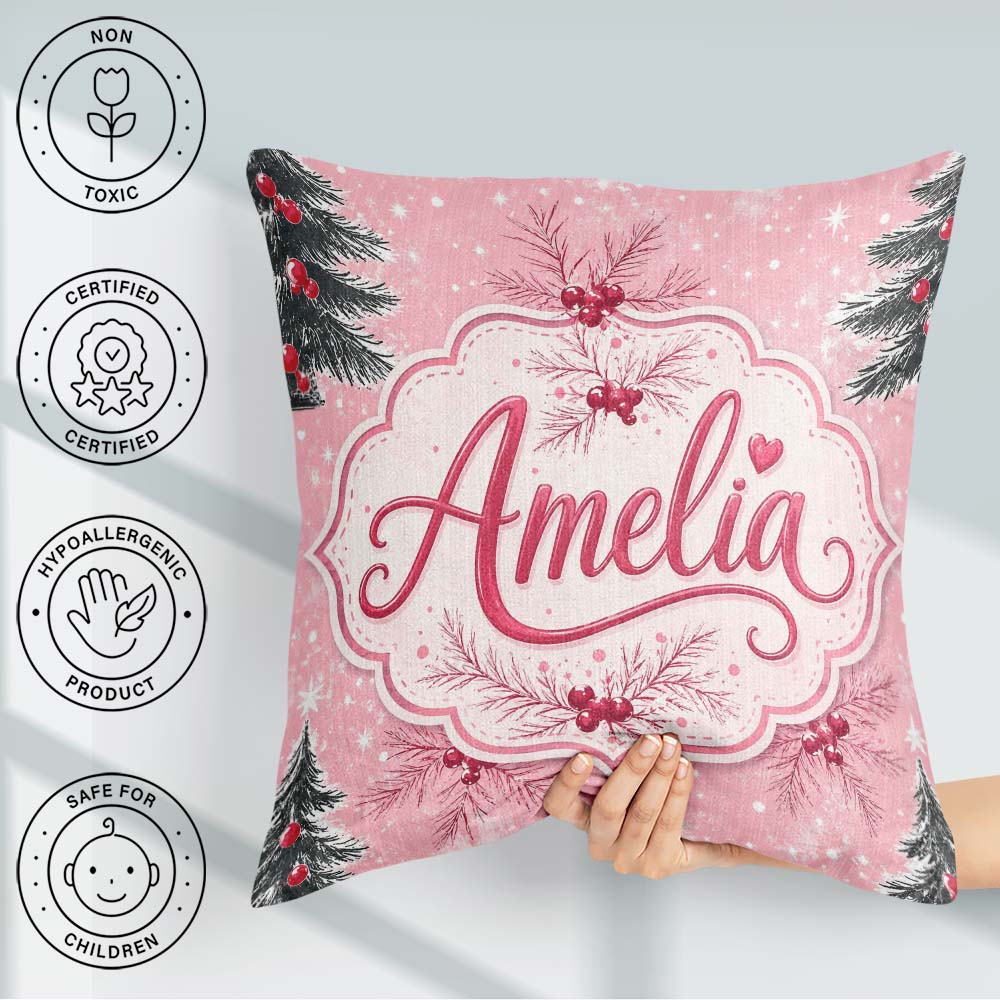 Custom Name Winter Pine Branch Berry Snowy Pink Seamless Pattern Square Filled Cushion Throw Pillow Sofa Bed Home Decor Zip Washable UK Made