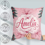 Custom Name Winter Pine Branch Berry Snowy Pink Seamless Pattern Square Filled Cushion Throw Pillow Sofa Bed Home Decor Zip Washable UK Made