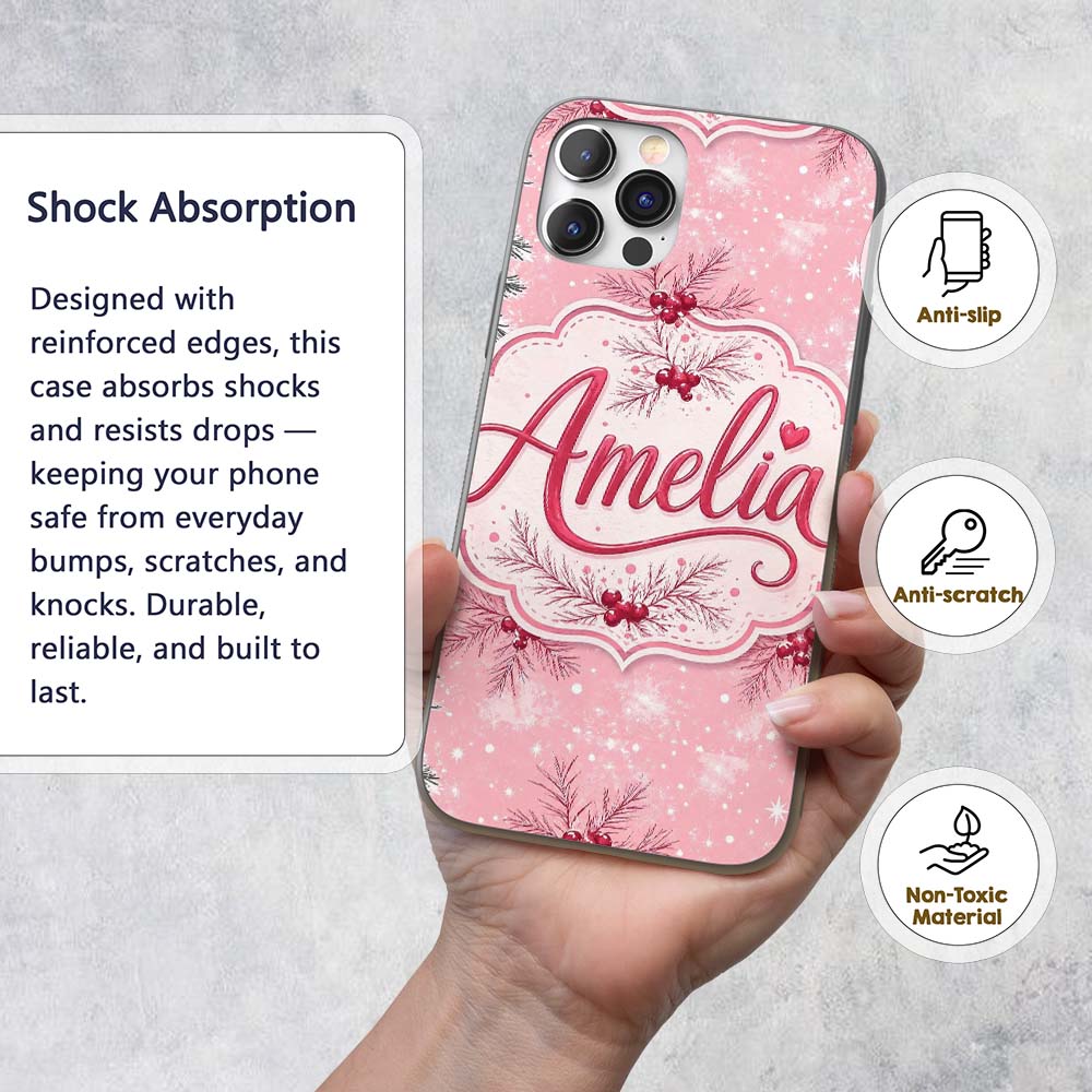 Winter Pine Branch Red Berry Snowy Pink Seamless Custom Name Protective Phone Case Mobile Cover Durable Everyday Smartphone Shock Resistant