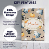 Personalised Name Halloween Ghost Pumpkin Cat Seamless Pattern Taupe Custom  Home Canvas Wall Art Print Decor Picture Ready to Hang