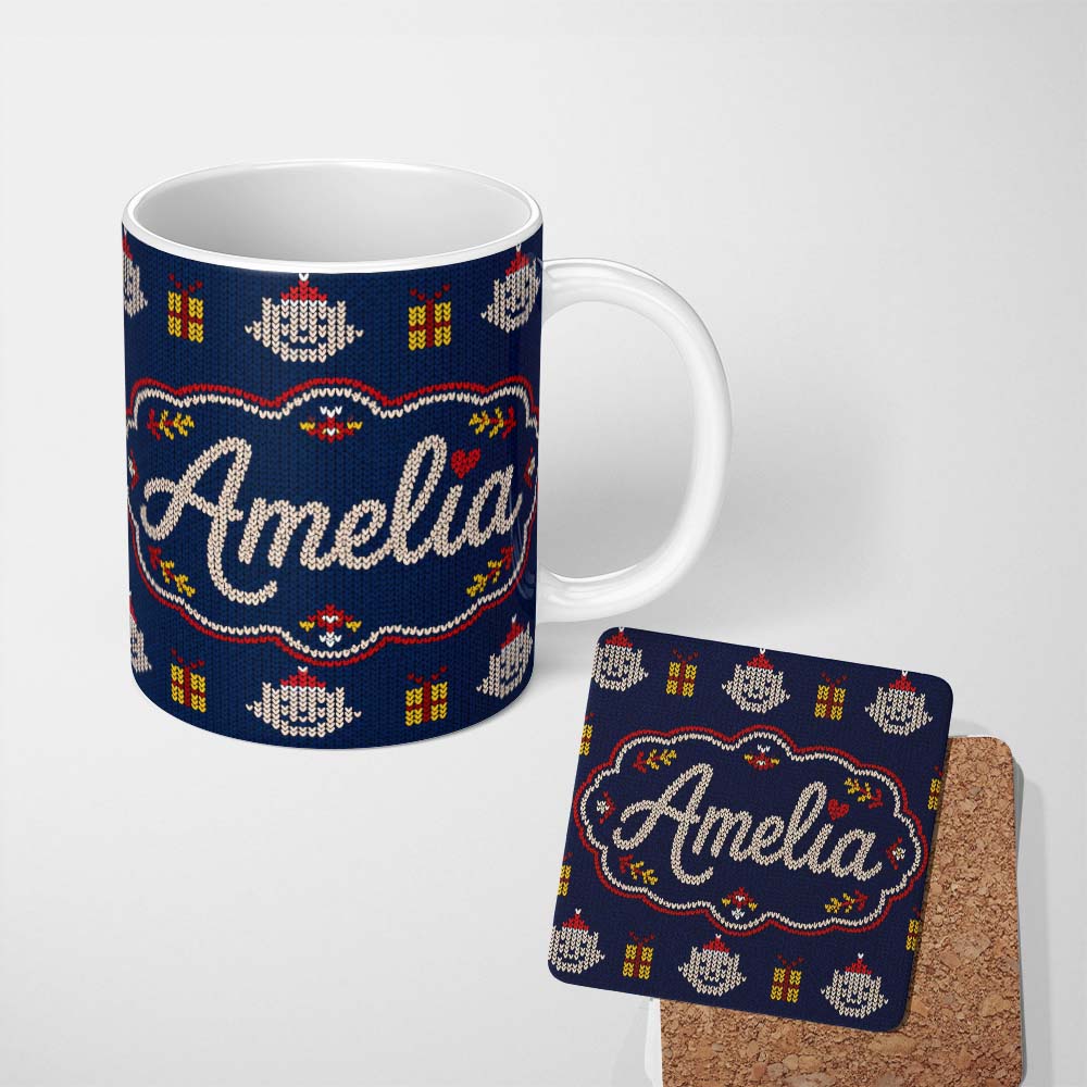 Personalized Custom Name Cute Blue Nordic Christmas Bauble Gift Knitted Seamless Pattern 11oz Ceramic Coffee Tea Mug White Large Handle