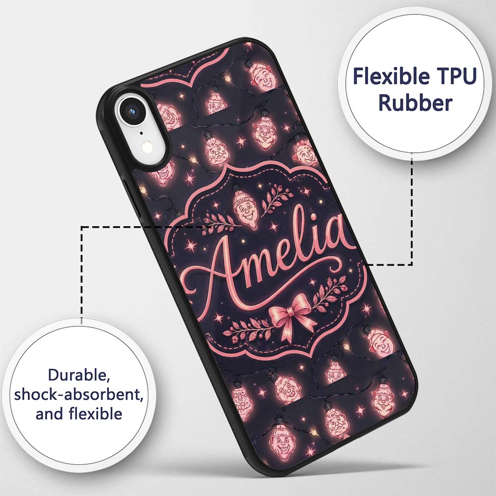 Cute Christmas String Lights Santa Printed Design Custom Name Protective Phone Case Mobile Cover Durable Everyday Smartphone Shock Resistant